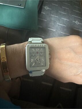 Michele Silver White Square Stainless Steel Women's Watch
